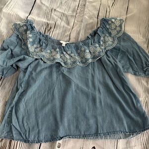 Time and Tru Denim Blue Off-Shoulder Blouse